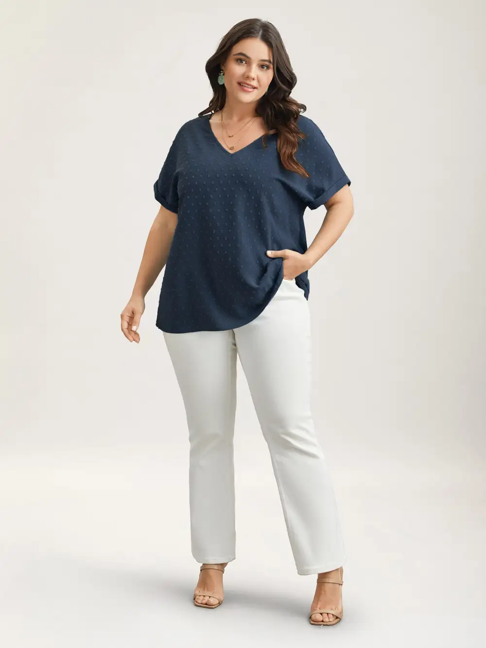 Back-Button Textured V-Neck Shirt
