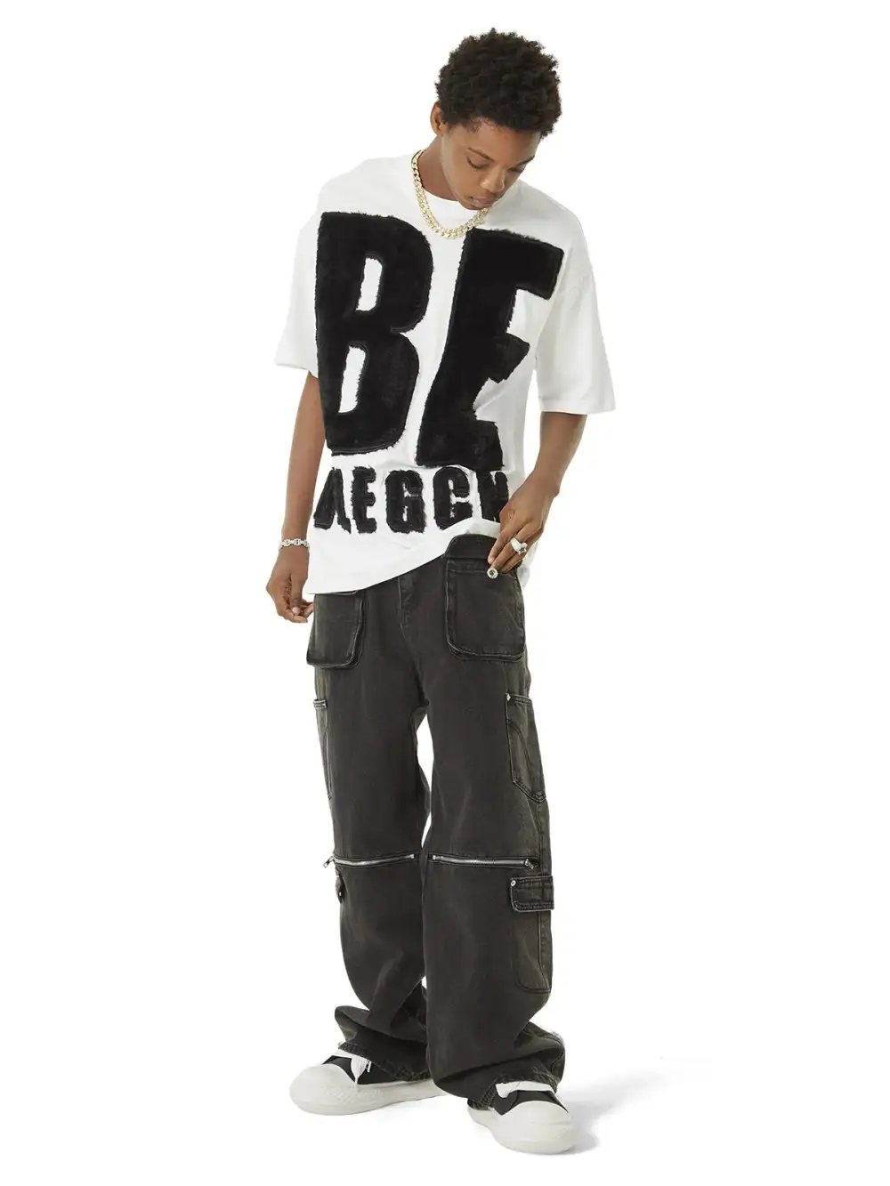 Suede Embroidered Letters Street Rap T-shirt - 2047
