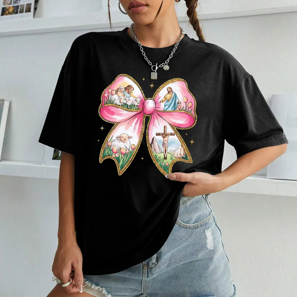 Easter Jesus and Bunny Printed Round Neck Short Sleeve T-Shirt