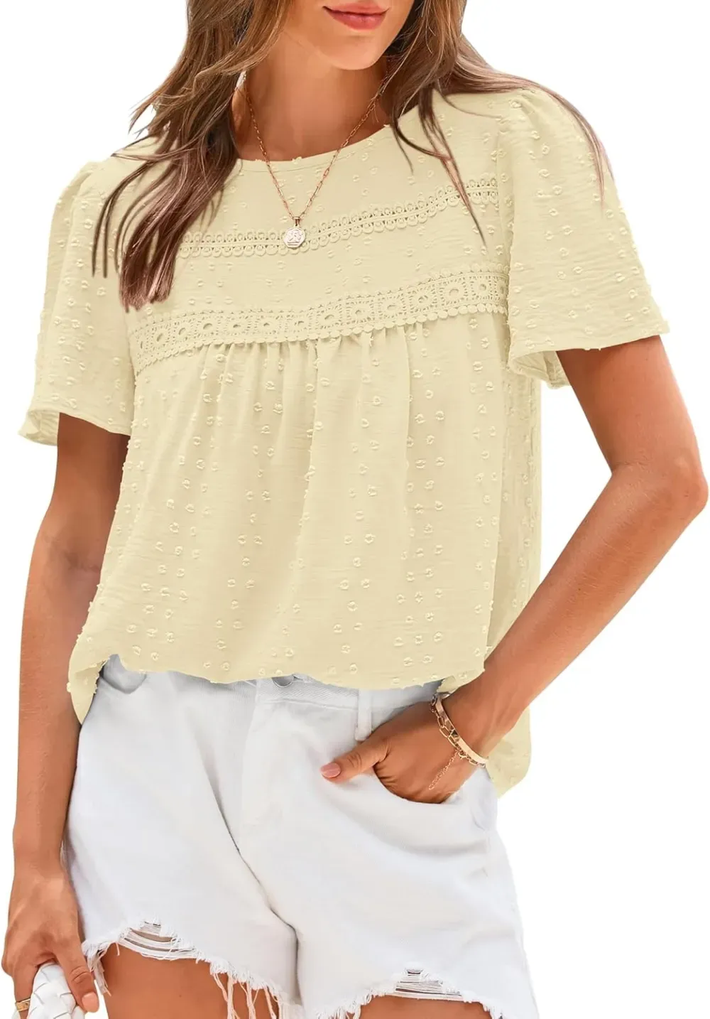 ✨Women's Swiss Dot Lace Crochet Crewneck Boho Short Sleeves