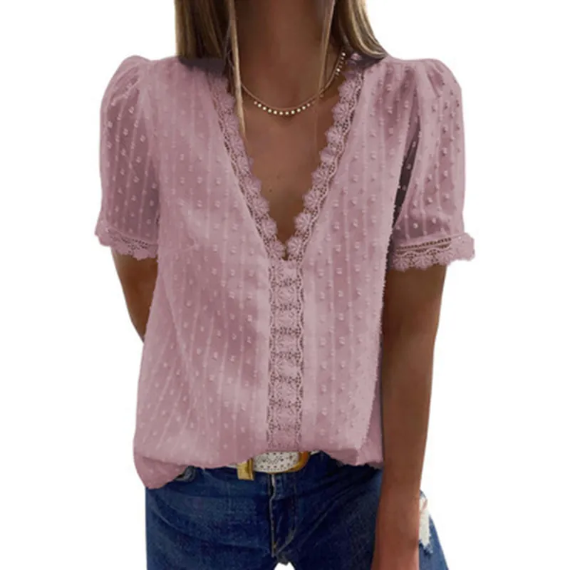 Solid V-Neckline Short Sleeve Blouses