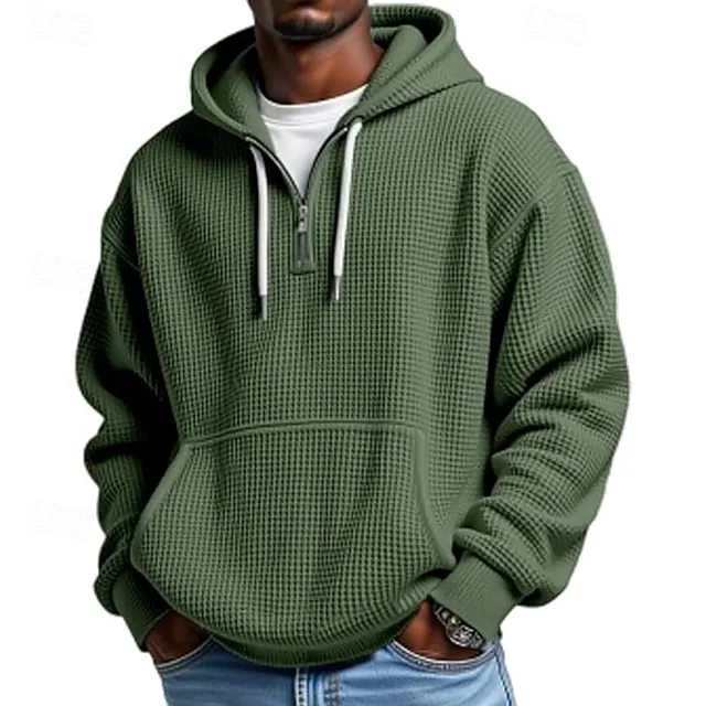 Men's Hoodie Waffle Hoodies Quarter Zip Hoodie Apricot White Light Green Army Green Red Hooded Plain Kangaroo Pocket Textured Sports & Outdoor Casual Daily Streetwear Cool Sportswear Fall Spring