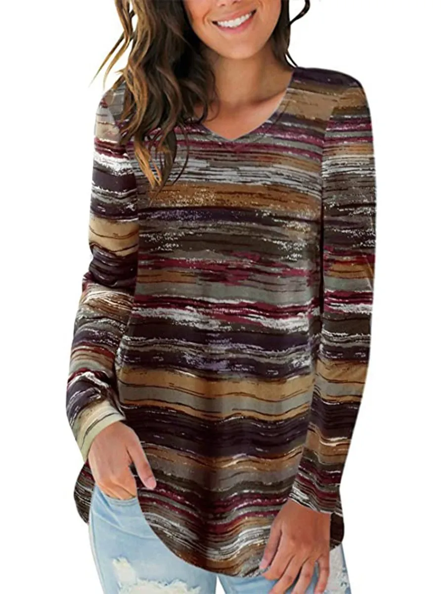Women's Long Sleeve V-neck Striped Printed Top