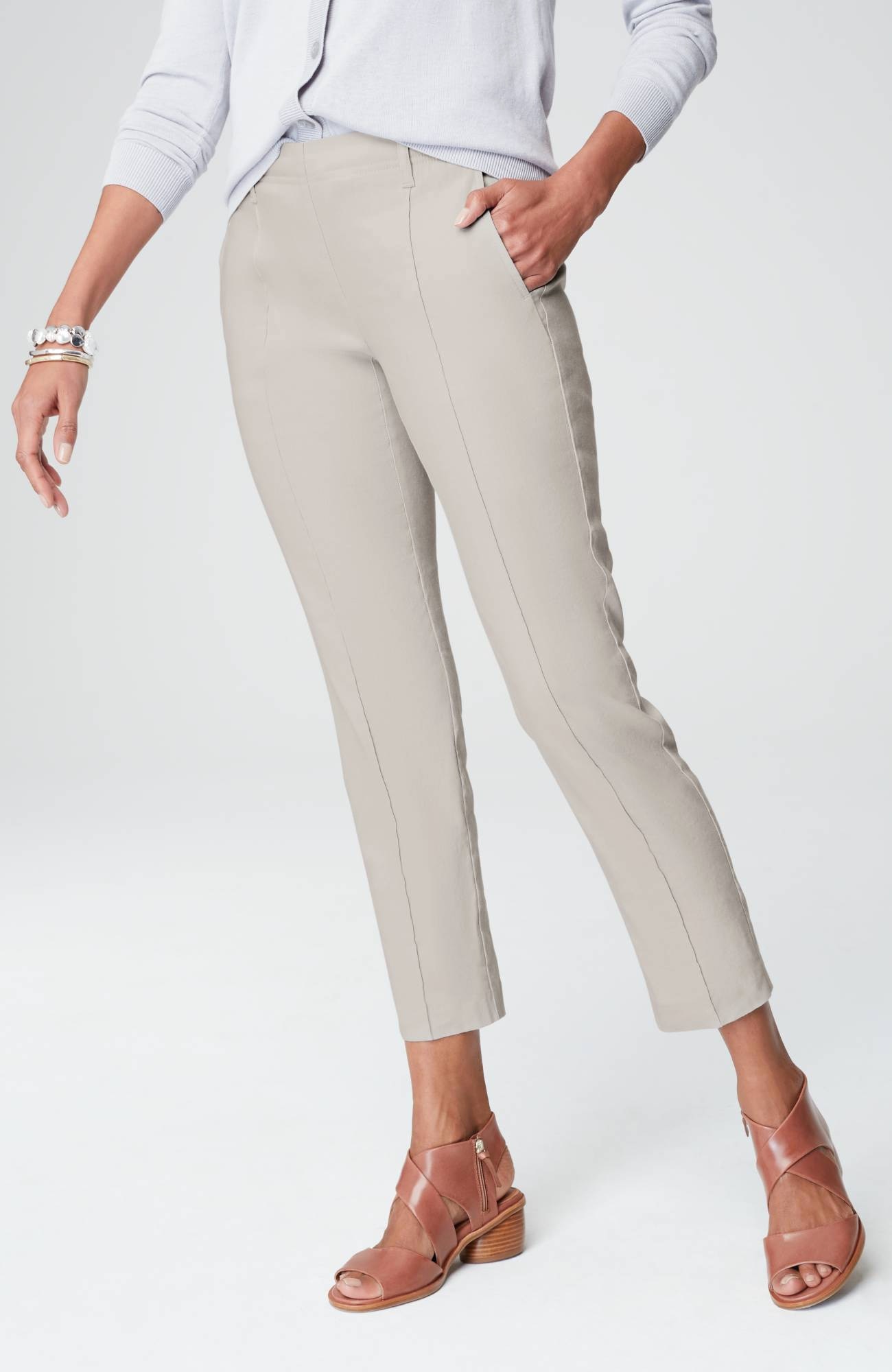 Pintucked Linen-Stretch Slim-Leg Pants