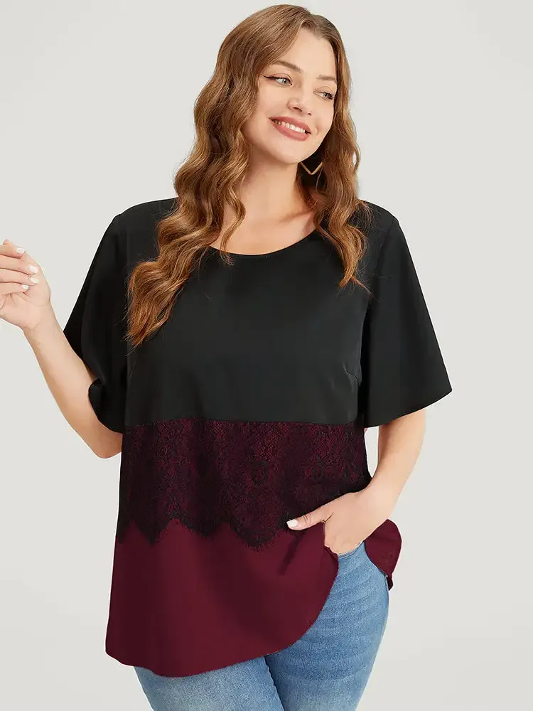 Colorblock Contrast Lace Panel Ruffles Blouse