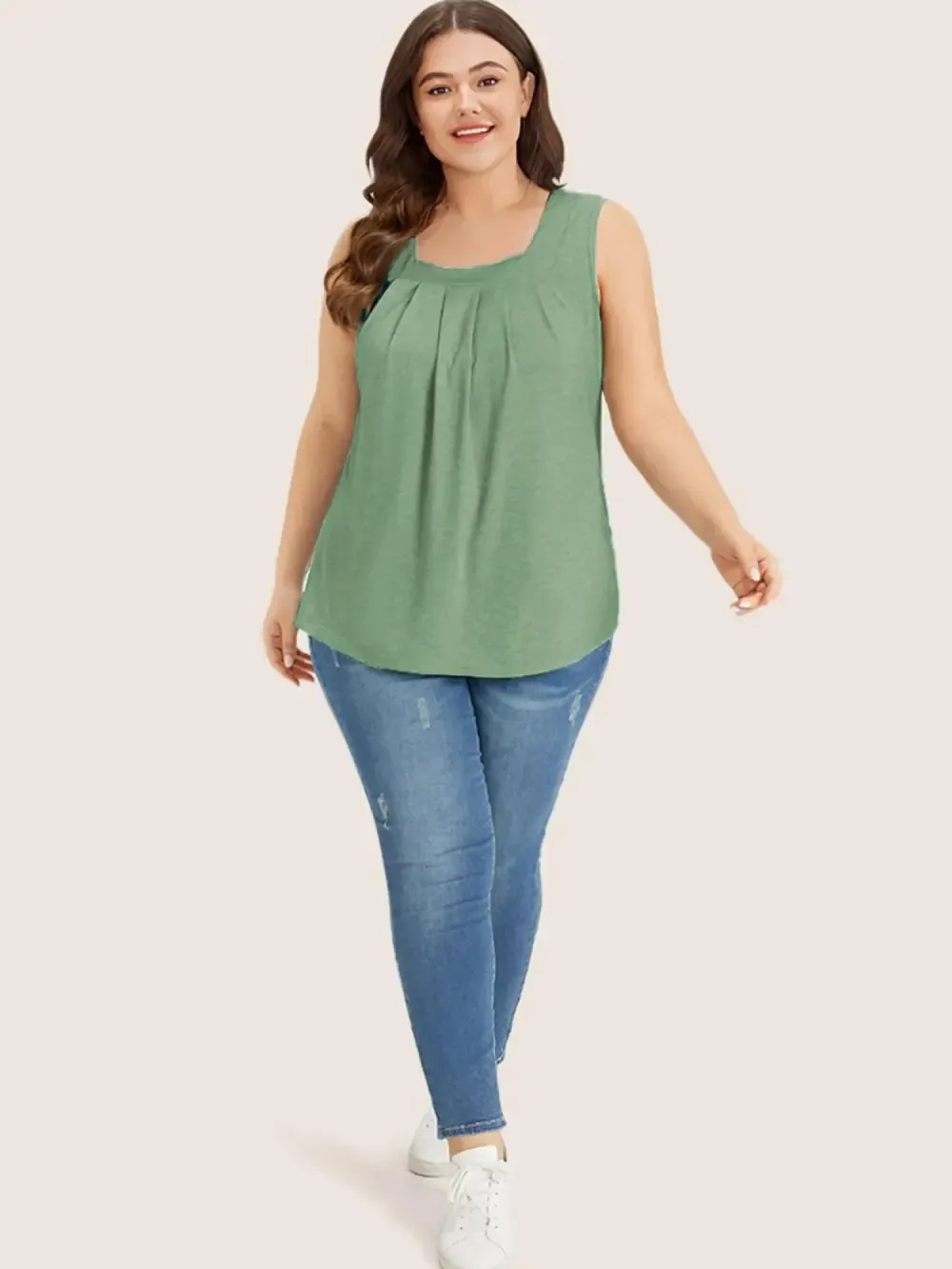 Heather Plicated Detail Square Neck Tank Top