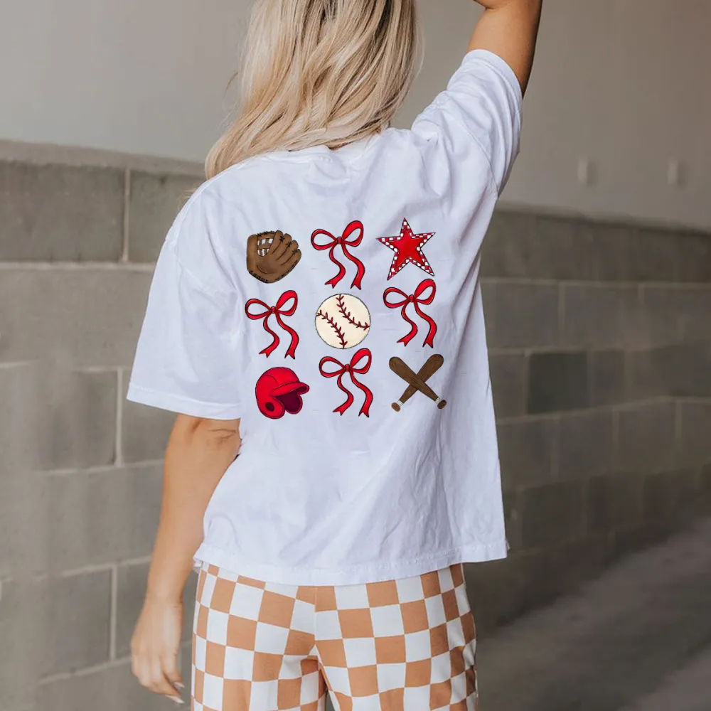 Baseball Gloves, Baseballs, Red Baseball Caps, Crossed Baseball Bats, Red Stars, And Multiple Red Bow Tie Combination Patterns, And Casual T-Shirts.