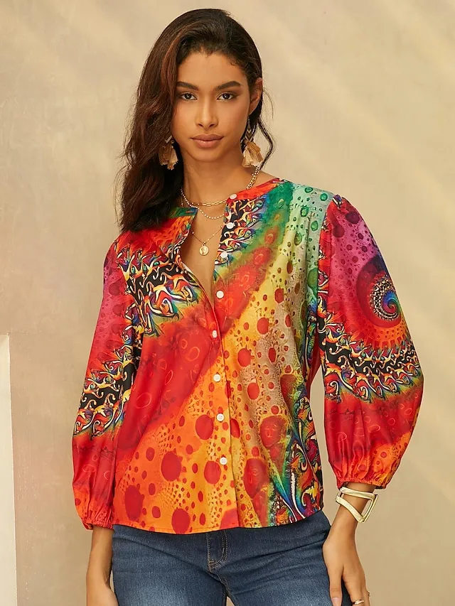 Women's Shirt Blouse Graphic Casual Button Print Yellow Long Sleeve Daily Basic Neon & Bright V Neck Fall & Winter