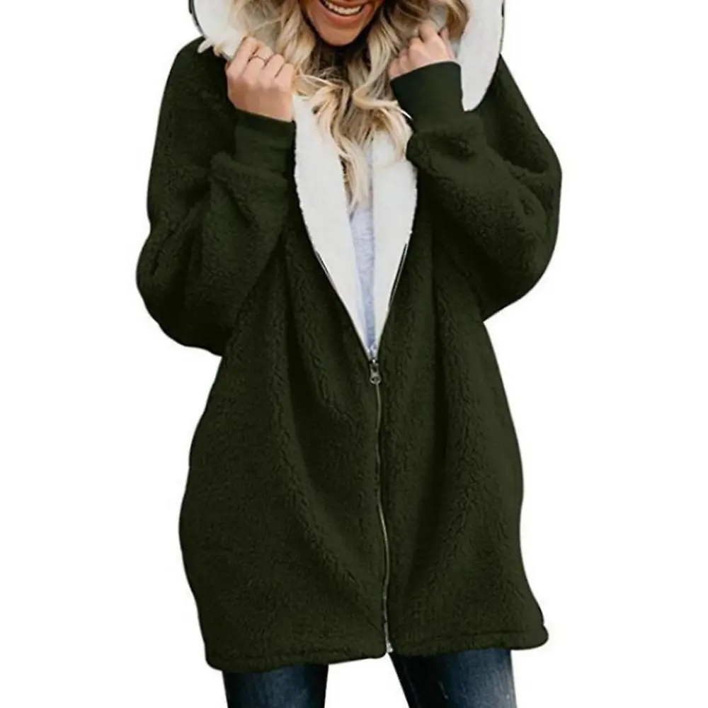 Women Long Sleeve Hoodie For Jacket Fuzzy Plush Full Zip Loose Pockets Outwear Coat