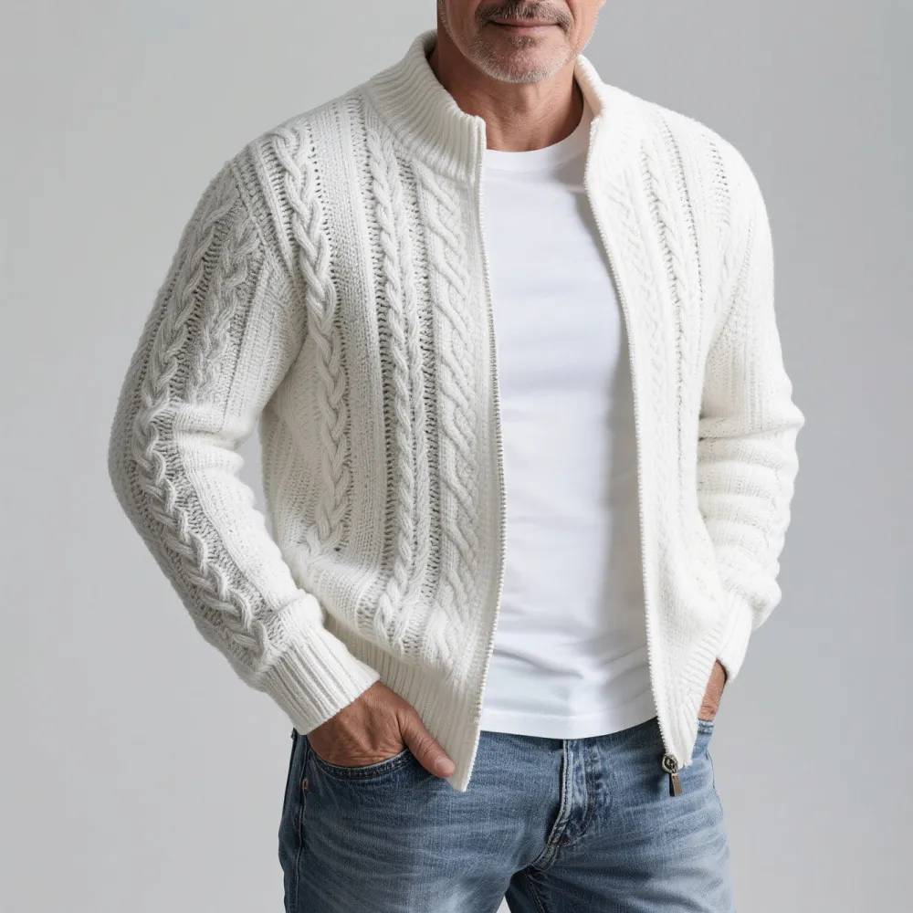 Men's Casual Stand Collar Cable Knit Zip Up Sweater Jacket