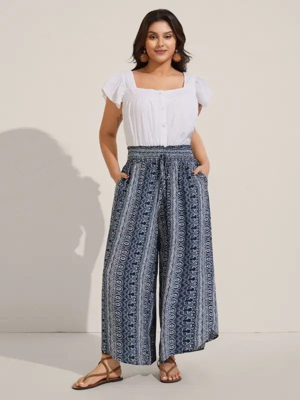 Boho Print Shirred Waist Wide-Leg Pants