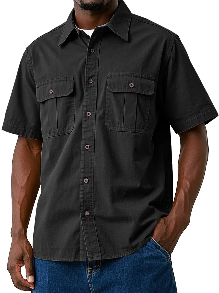 Men's Casual Workwear Double Pocket Solid Color Short-sleeved Shirt