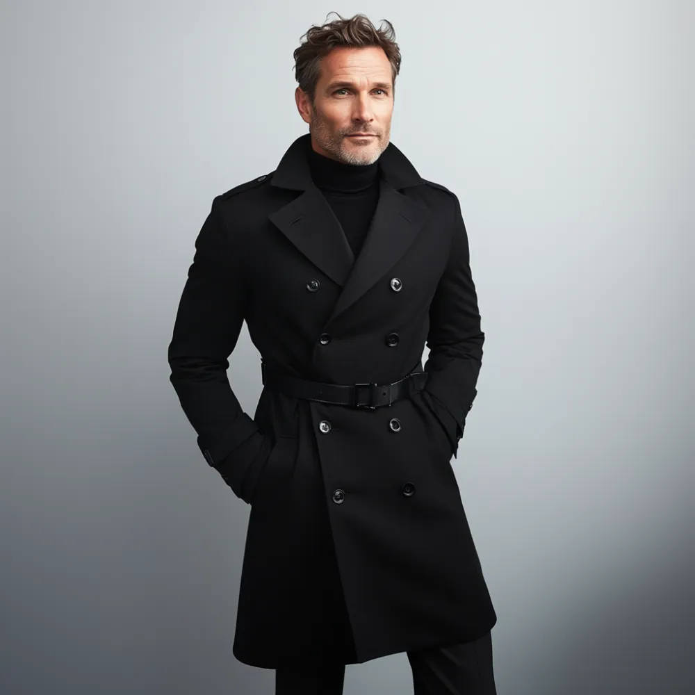 Men's Business Lapel Collar Double Breasted Belt Trench Coat