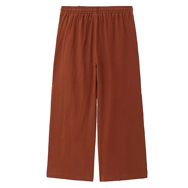 Men's Linen Pants Trousers Summer Pants Baggy Beach Pants Drawstring Front Pocket Straight Leg Plain Comfort Soft Full Length Yoga Holiday Beach Fashion Hawaiian Black White