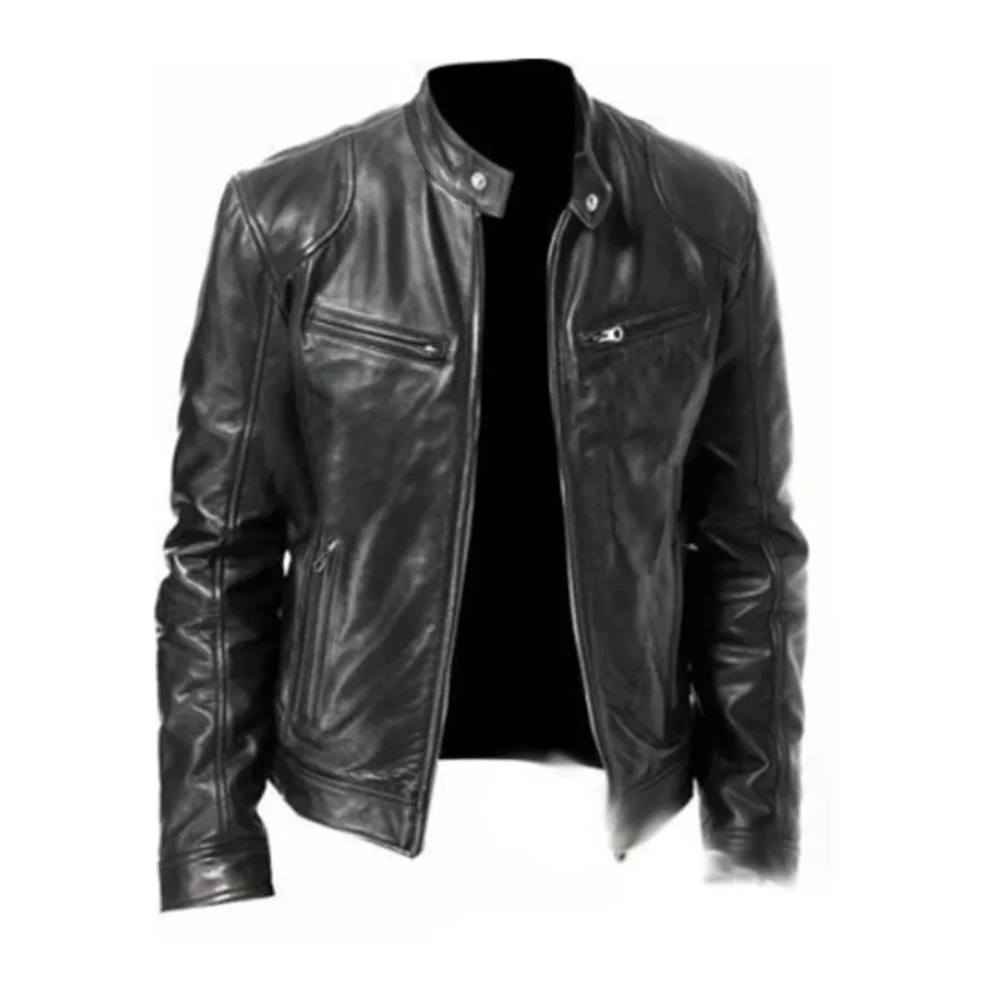 Mens Leather New PU Coat Stand Collar Leather Jacket