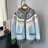 Women's Sweater Cardigan Fair Isle Sweater Vintage Fashion Streetwear Geometric Crew Neck Buttons Knitted Long Sleeve Regular Tops Knit Outdoor Daily Weekend Blue Fall Winter