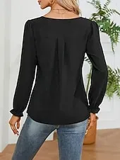 Women's Blouse Solid Color Elegant Daily Stylish Long Sleeve Puff Sleeve V Neck Regular Tops Work Daily Holiday Black Pink Summer Spring Fall