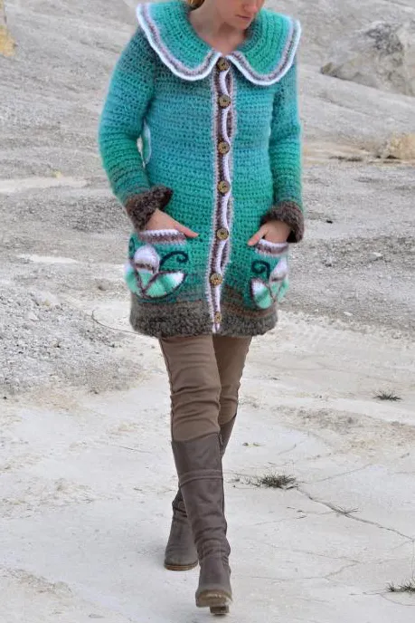 Women Long Sleeve Butterfly Plus Size Outwear - Green