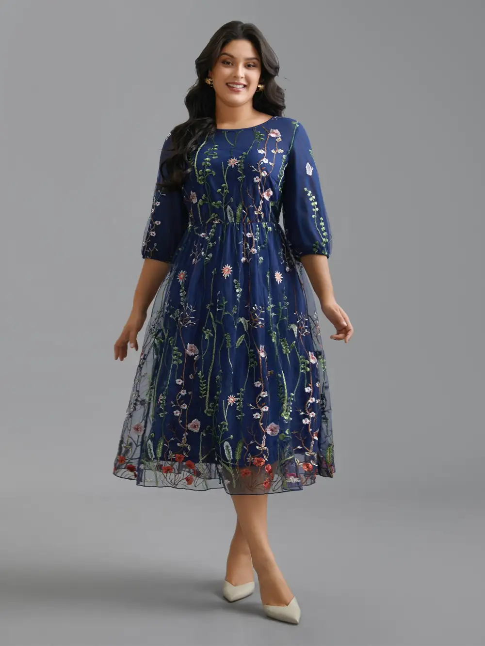 Floral Embroidered Elastic Waist Lined Midi Dress