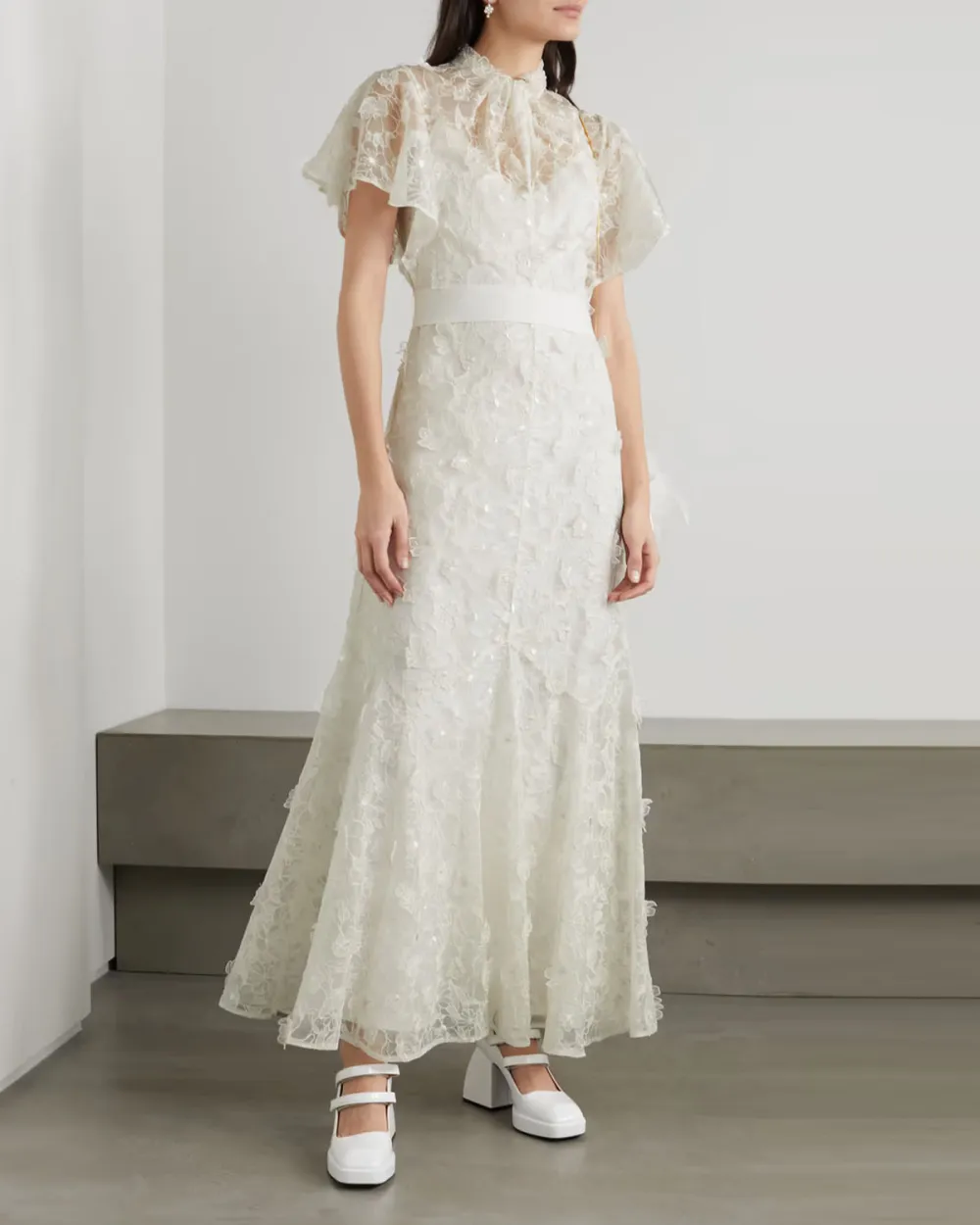 belted ruffled embroidered and grosgrain maxi dress