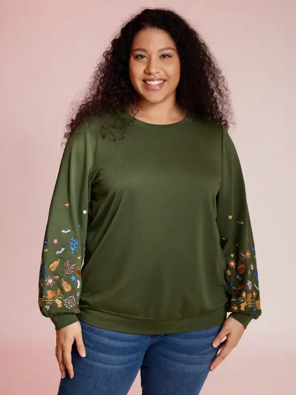 Floral Embroidery Textured Solid Sweatshirt