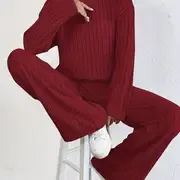 Two-Piece Outfit Set - Soft Solid Ribbed Fabric, Flattering Mock Neck T-shirt, Flowy Wide Leg Pants for Casual Everyday Wear