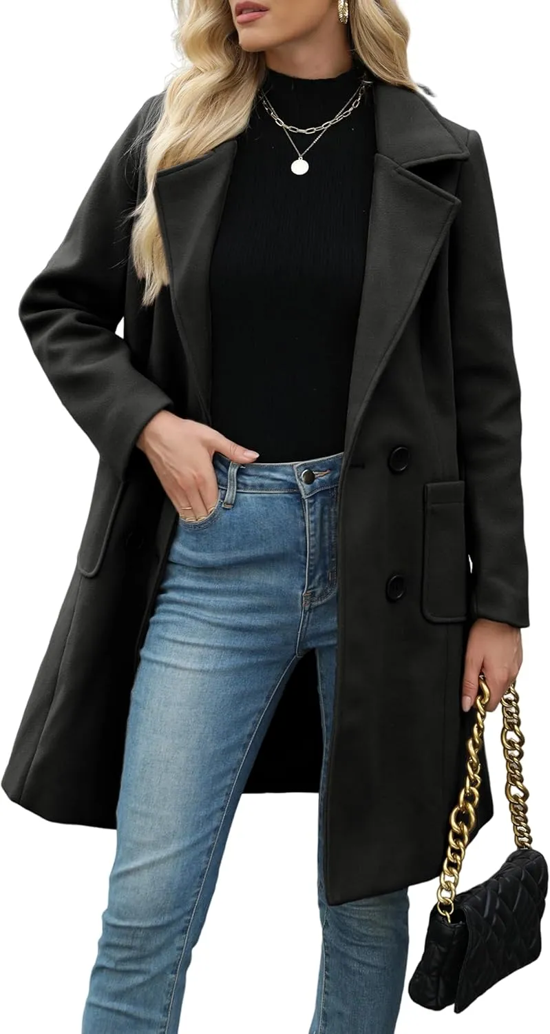 Women Winter Wool Blend Camel Mid-Long Coat Notch Double-Breasted Lapel Jacket Outwear