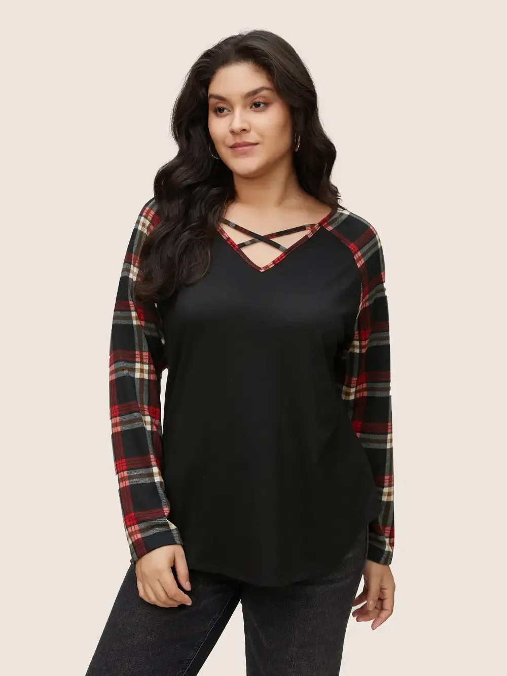 Plaid Patchwork Raglan Sleeve Crisscross T-Shirt