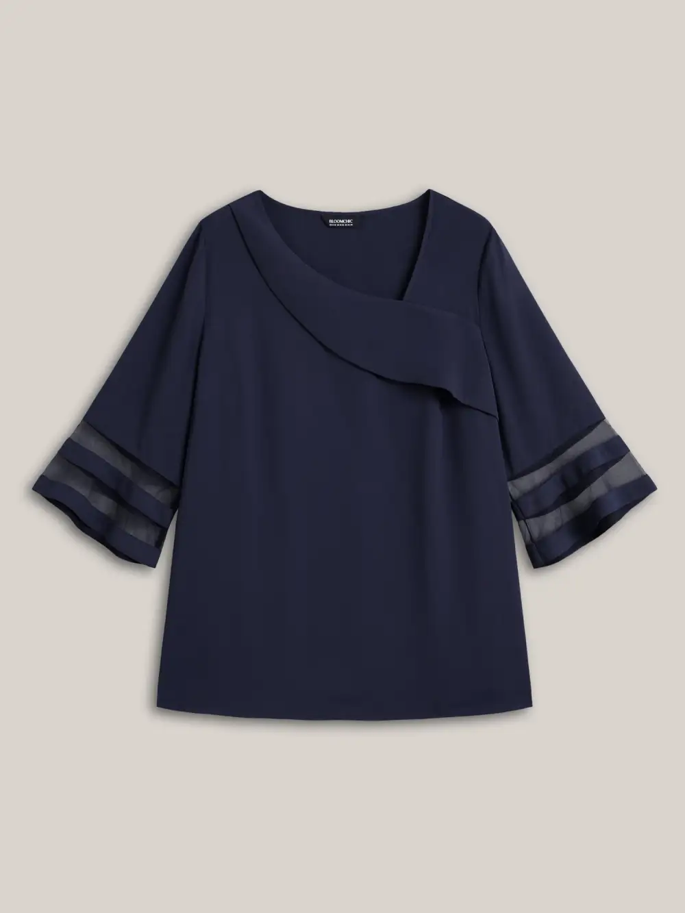 Sheer Sleeve Patchwork Asymmetrical Neckline Blouse