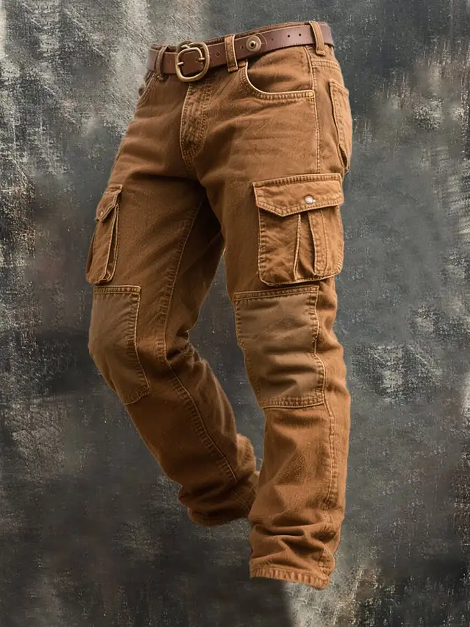 Men's Retro Stitching Contrast Color Multi-Pocket Casual Work Trousers