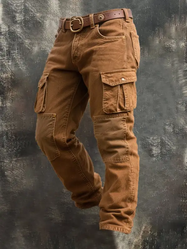 Men's Retro Stitching Contrast Color Multi-Pocket Casual Work Trousers