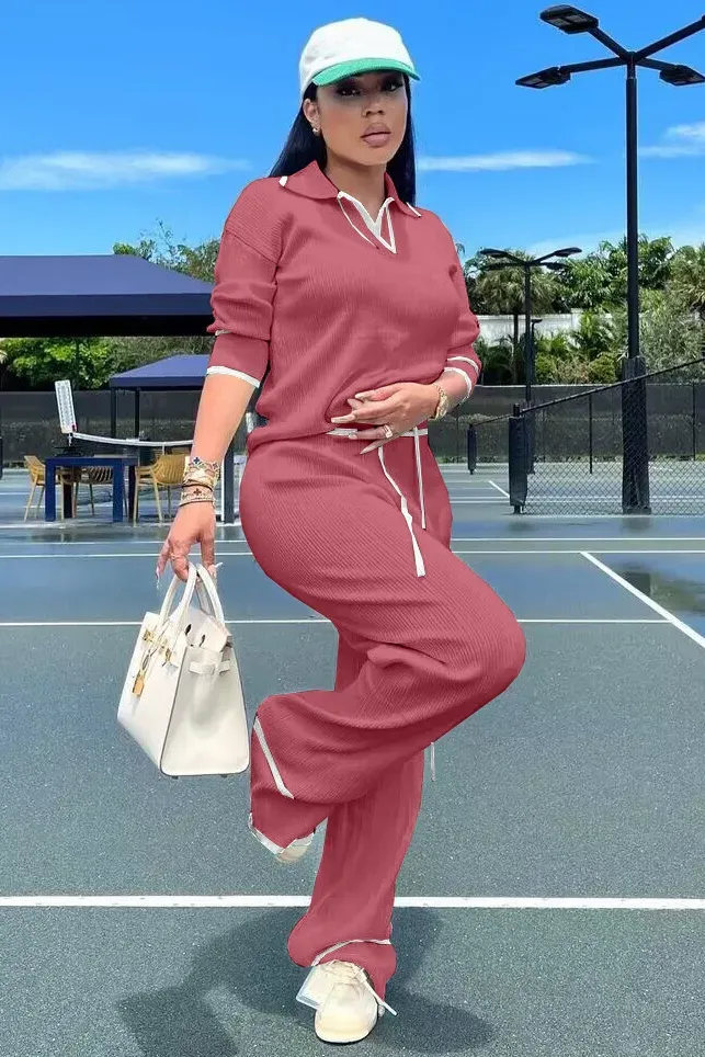 Knit Turndown Collar Long Sleeve Top Straight Leg Casual Pants Matching Set