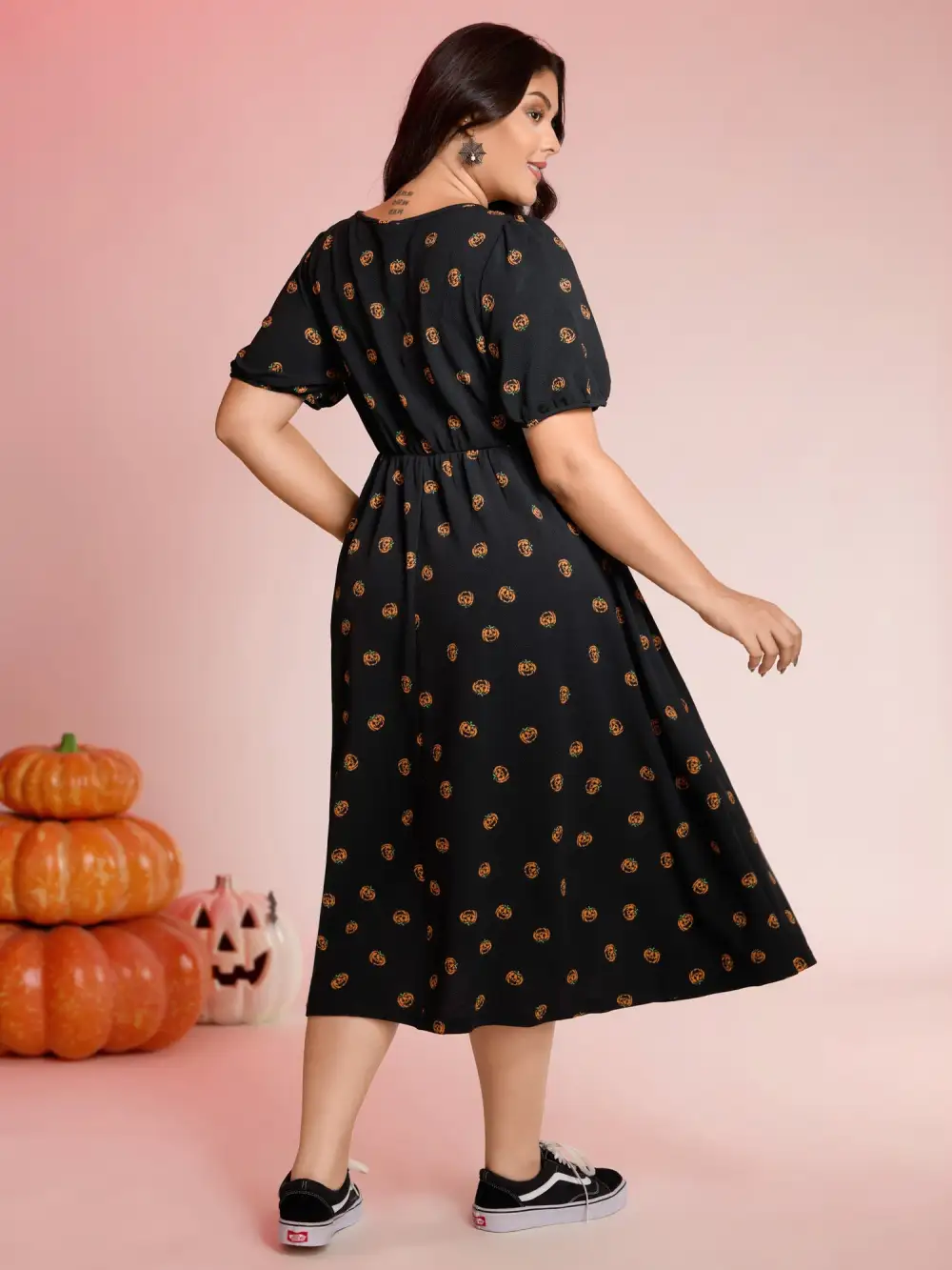 Micro Pumpkin Print Stretchy Midi Dress