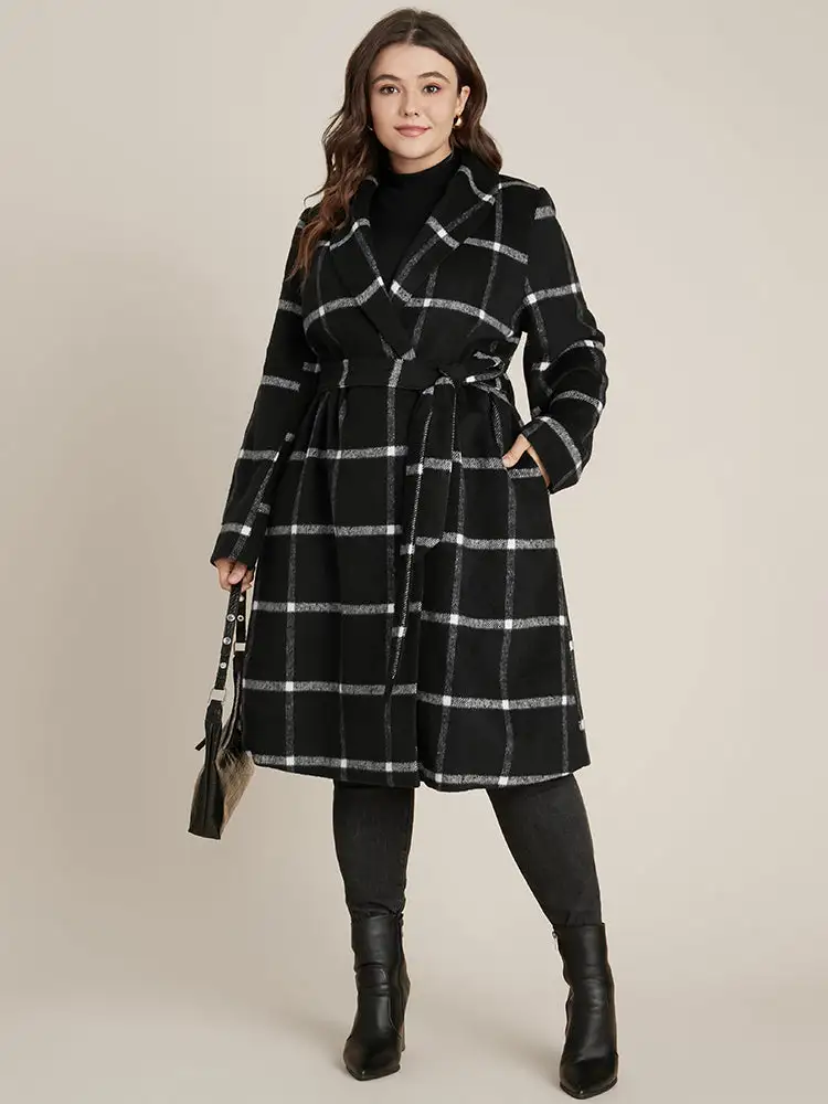 Plaid Lapel Collar Belted Pocket Coat
