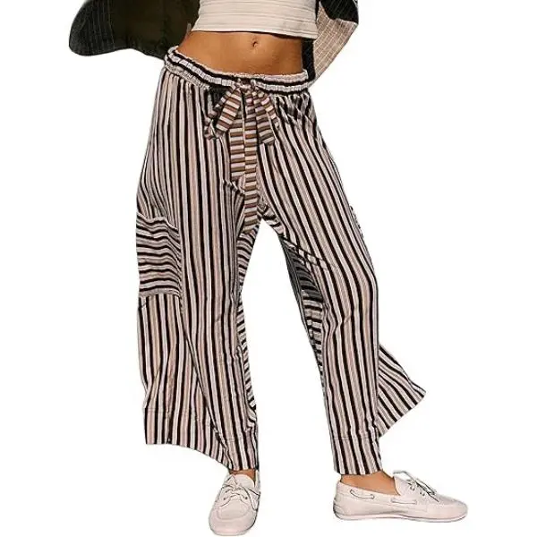 Women’s Striped Wide-Leg Pants-Drawstring, Loose Fit, Pockets