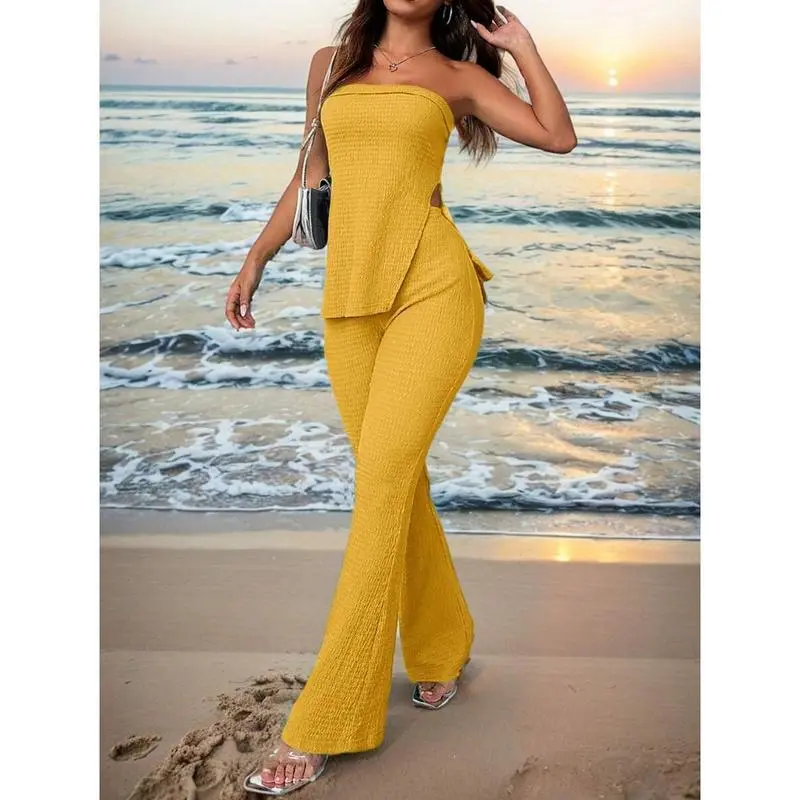 Women's Summer Two-Piece Set – Strapless Top & High-Slit Flare Pants, Casual Resort Outfit