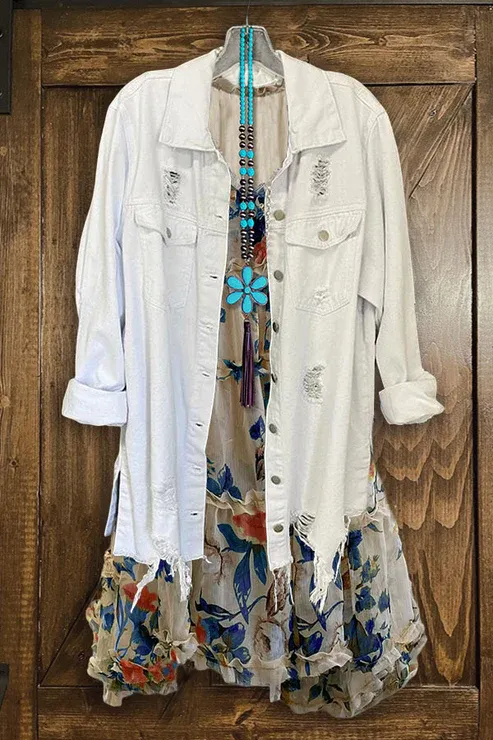 Solid Long Sleeve Cut Out Frayed Hem Denim Jacket