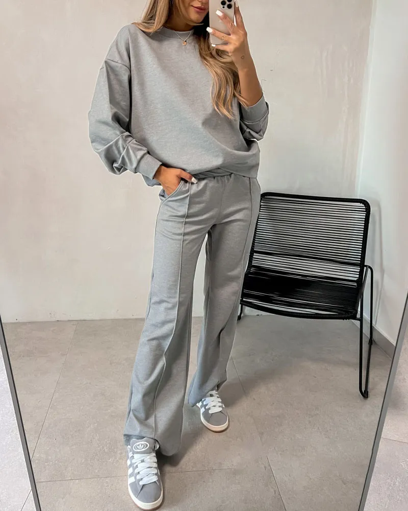 Chic Cuff Solid Color Casual Two-Piece Set