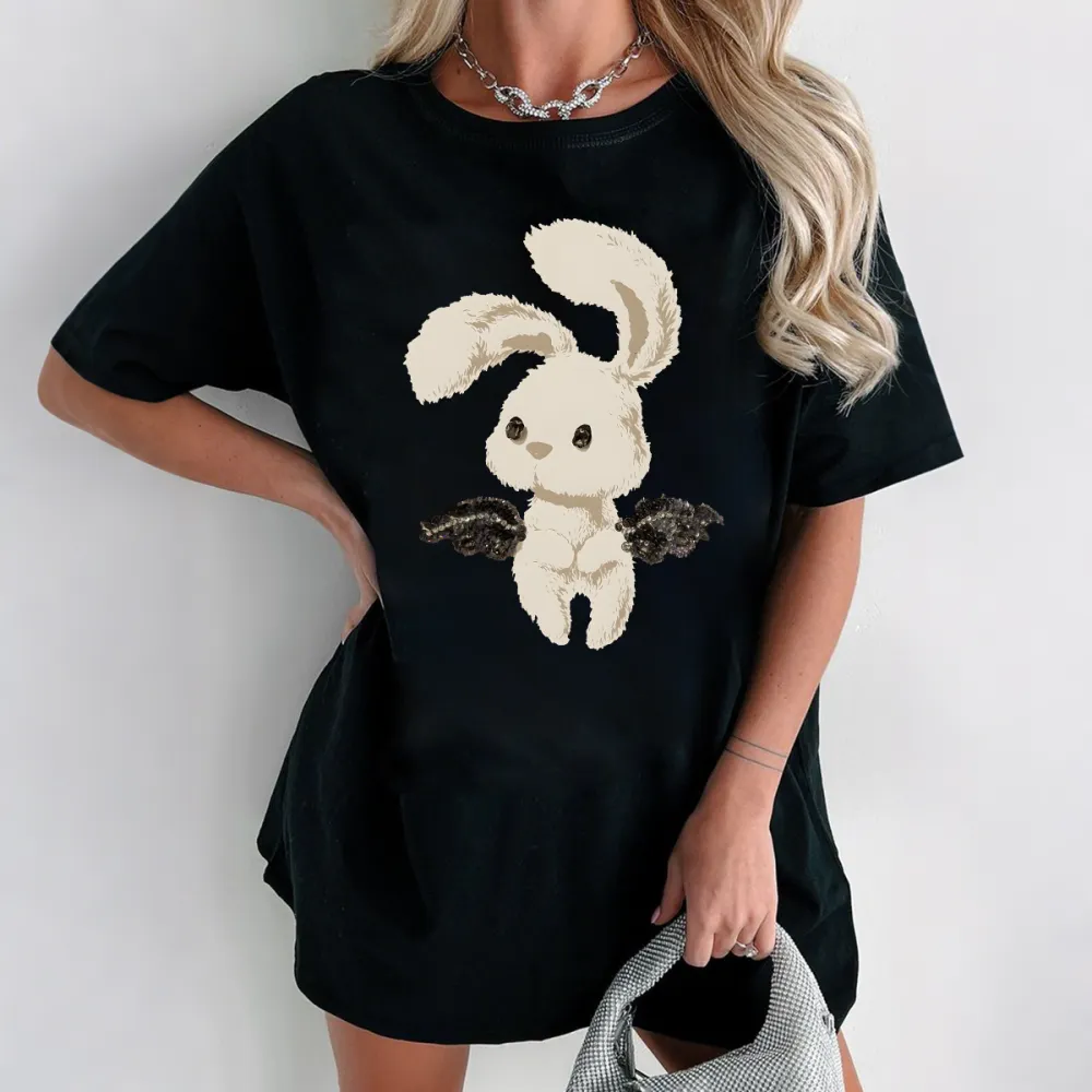 A Cartoon Rabbit With Black Wing Patterns On Both Sides, Cute And Fresh Style, Loose And Casual T-Shirt.