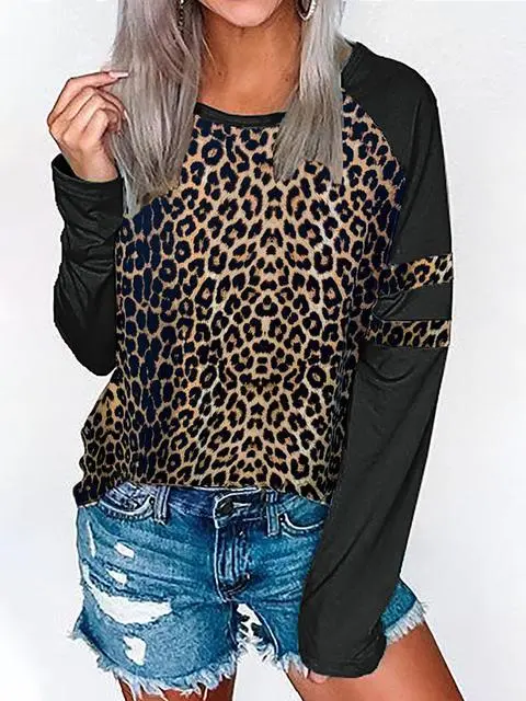 Leopard Print Sleeves Casual Tops