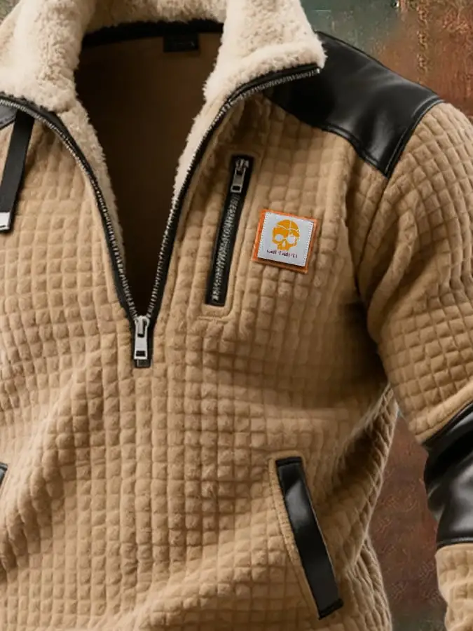 Men's Retro Knitted Square Check Leather Splicing Zipper Fur Collar Sweatshirt