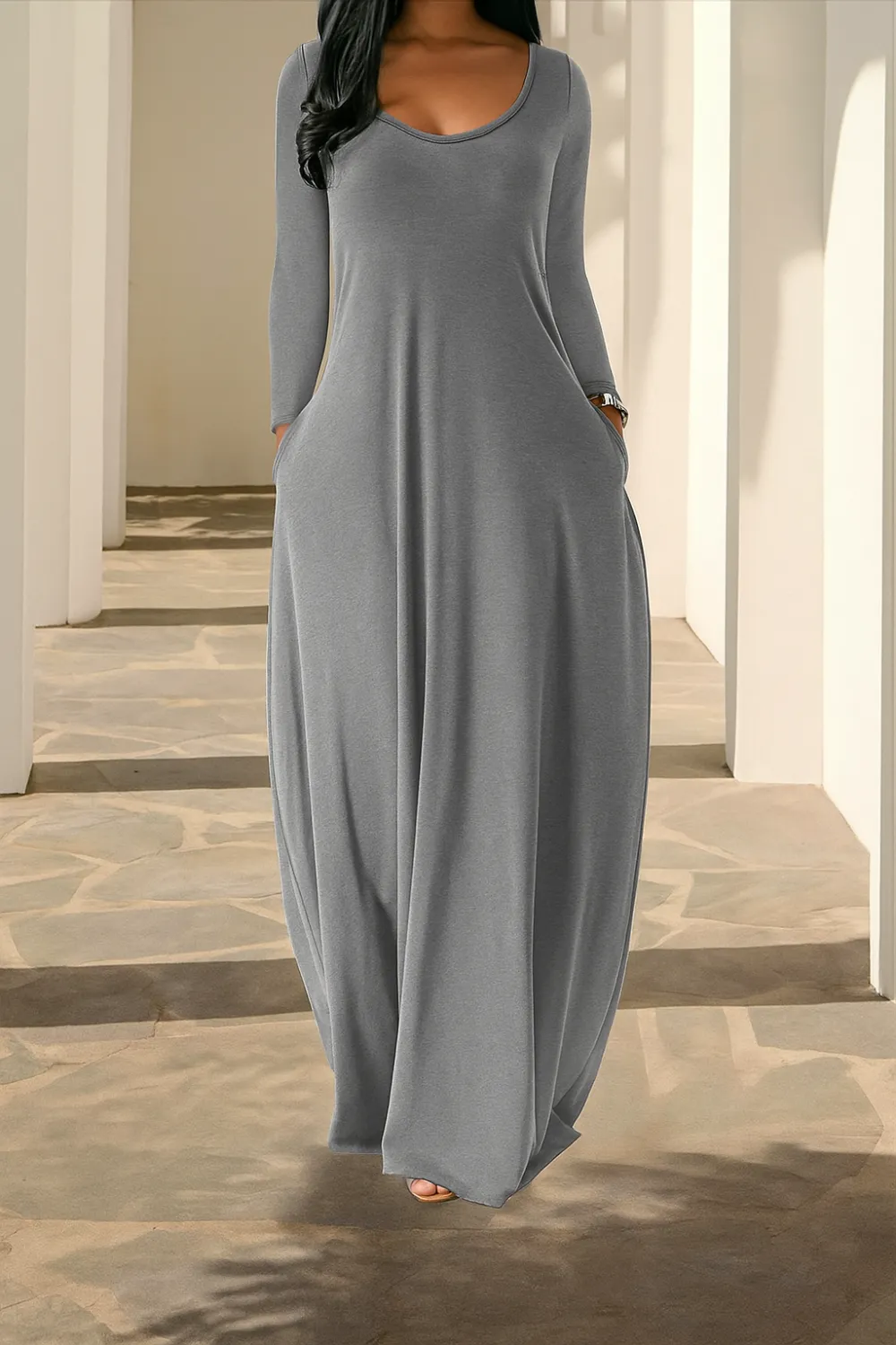 Women's Solid Color Pocket Lounge Dress, Casual Comfy Long Sleeve Dress for Daily Wear, Ladies Sleepwear Loungewear for All Seasons