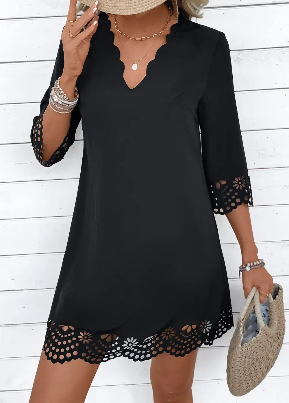 Black A Line 3/4 Sleeve V Neck Dress