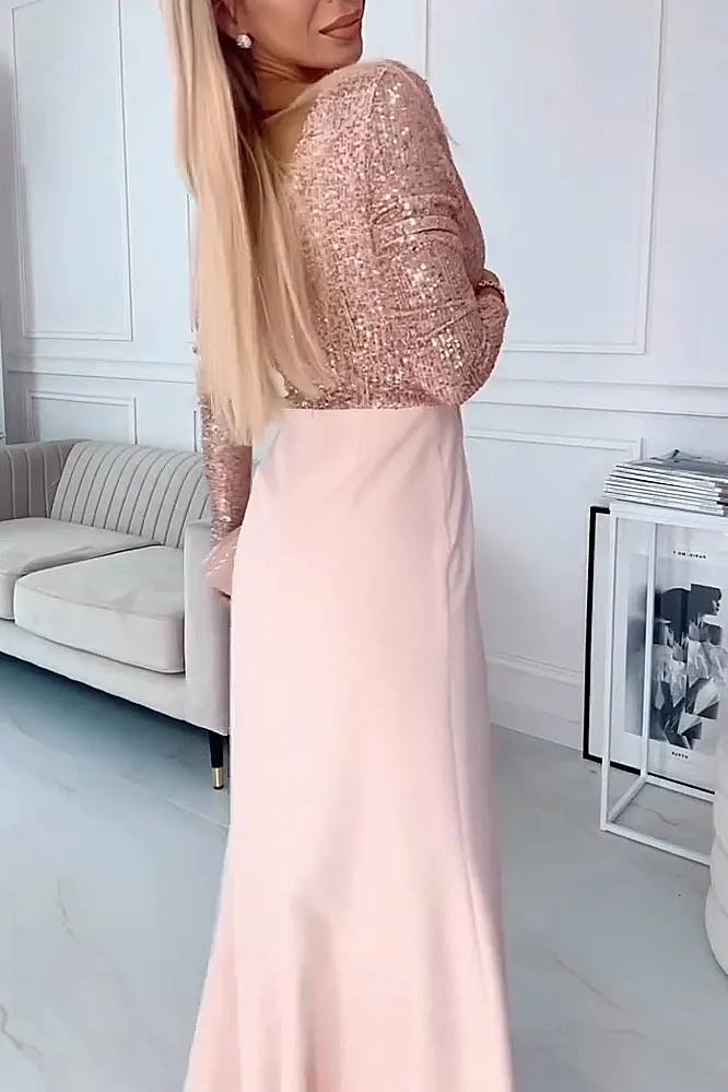 Women's solid color sequin V-neck top and skirt two-piece set