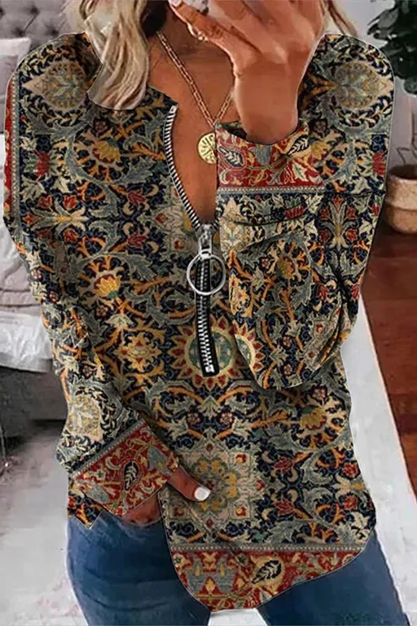 Vintage Graphic Print Zipper Design Top