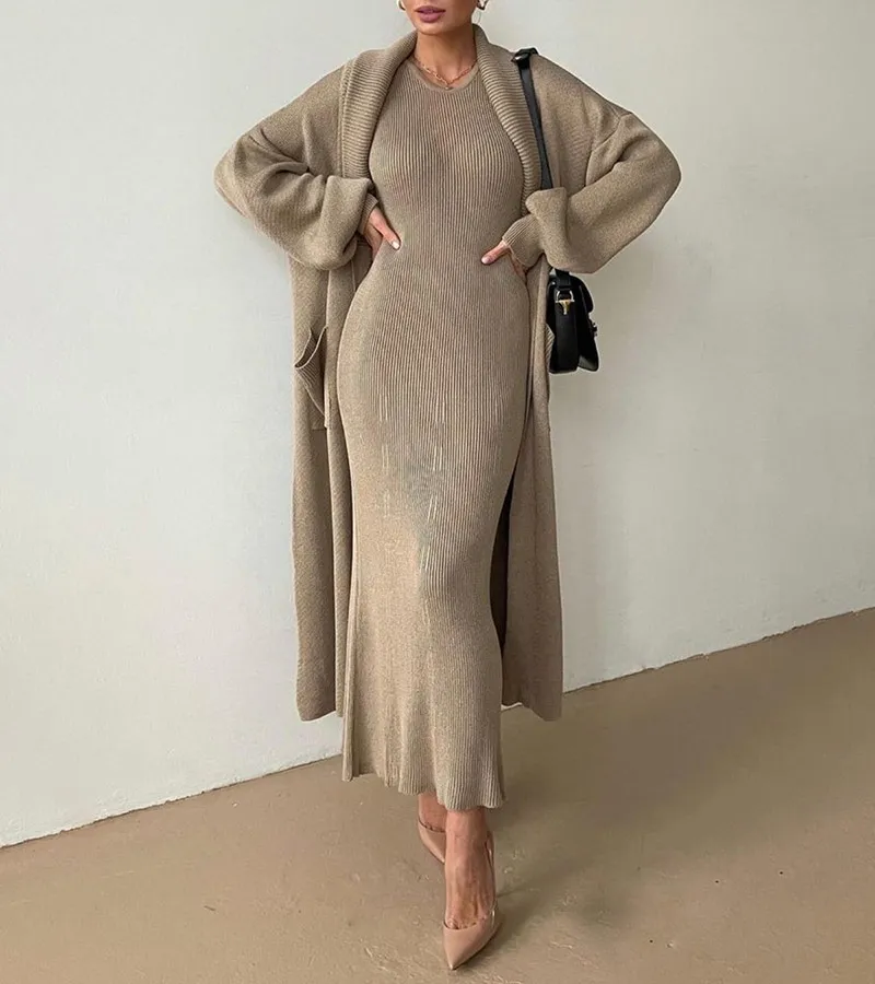 Elegant Long Sweater Dress & Cardigan Coat Two Pieces Set