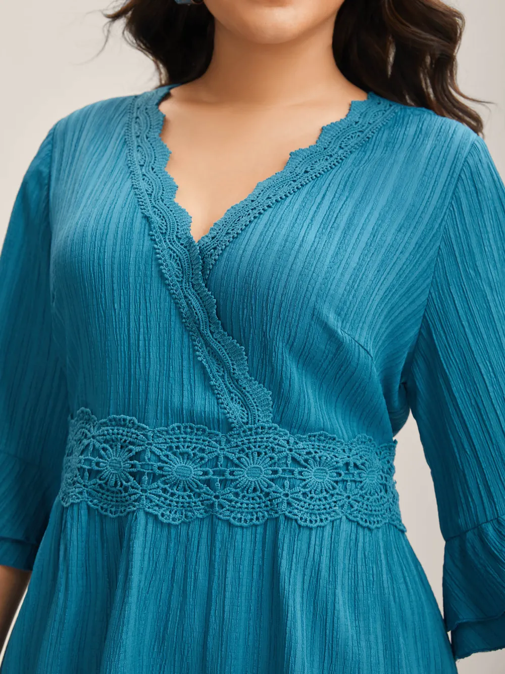 Scalloped Lace Surplice Ruffled Midi Dress