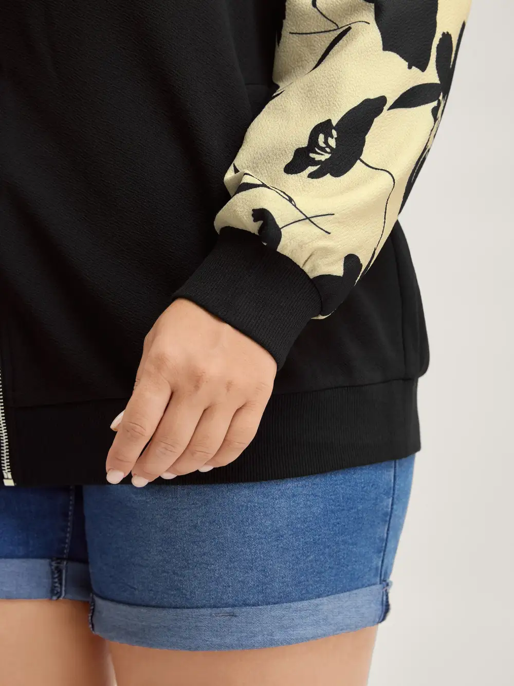 Silhouette Flower Print Zipper-Front Jacket