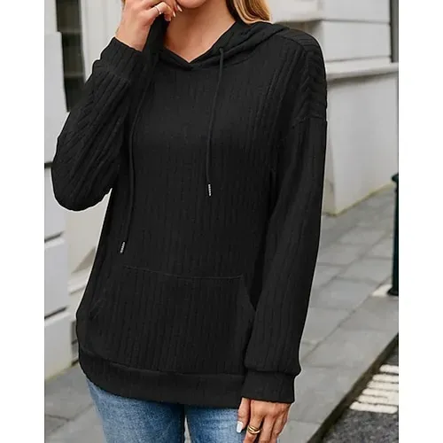 Women's Texture Sweatshirt Waffle Sweatshirt  Pullover Hoodie Sweatshirt Plain Streetwear Casual Long Sleeve Hooded Regular Tops Street Holiday Going out Buttons Black White Pink Wine Fall Winter