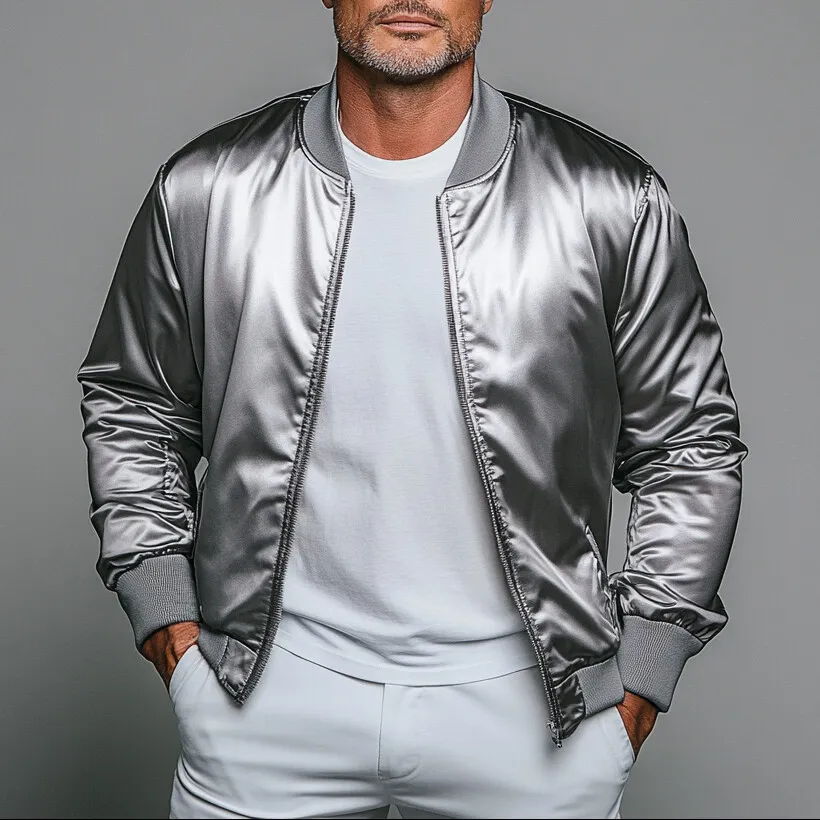 Men's Satin Stand Collar Long Sleeve Zip Up Bomber Jacket
